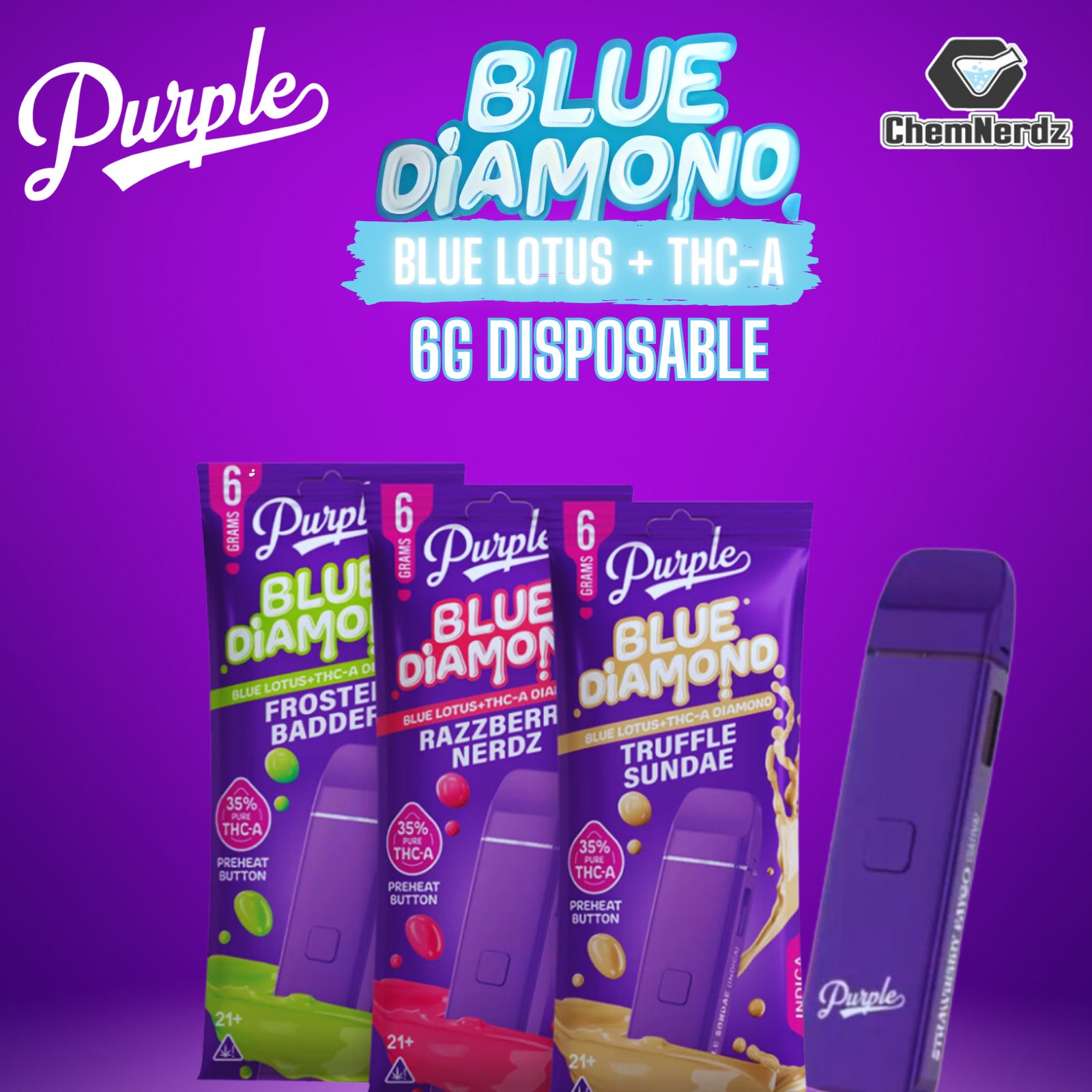 PURPLE BLUE DIAMOND THCA+BLUE LOTUS 6G DISPOSABLE 5CT/DISPLAY