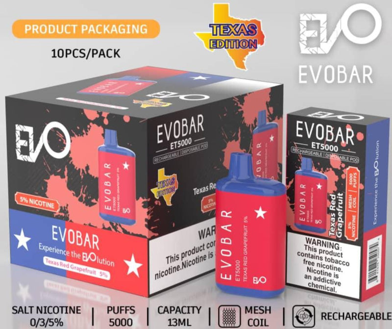 EVO BAR ET5000 TEXAS EDITION RECHARGEABLE DISPOSABLE VAPE 10CT/DISPLAY