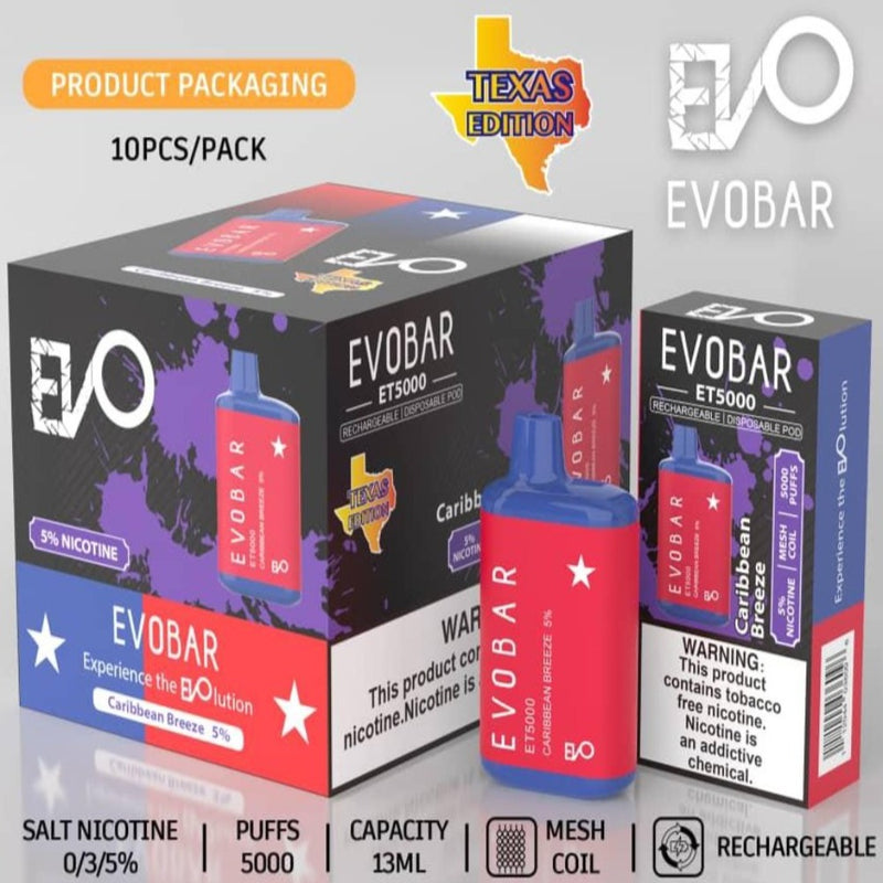 EVO BAR ET5000 TEXAS EDITION RECHARGEABLE DISPOSABLE VAPE 10CT/DISPLAY