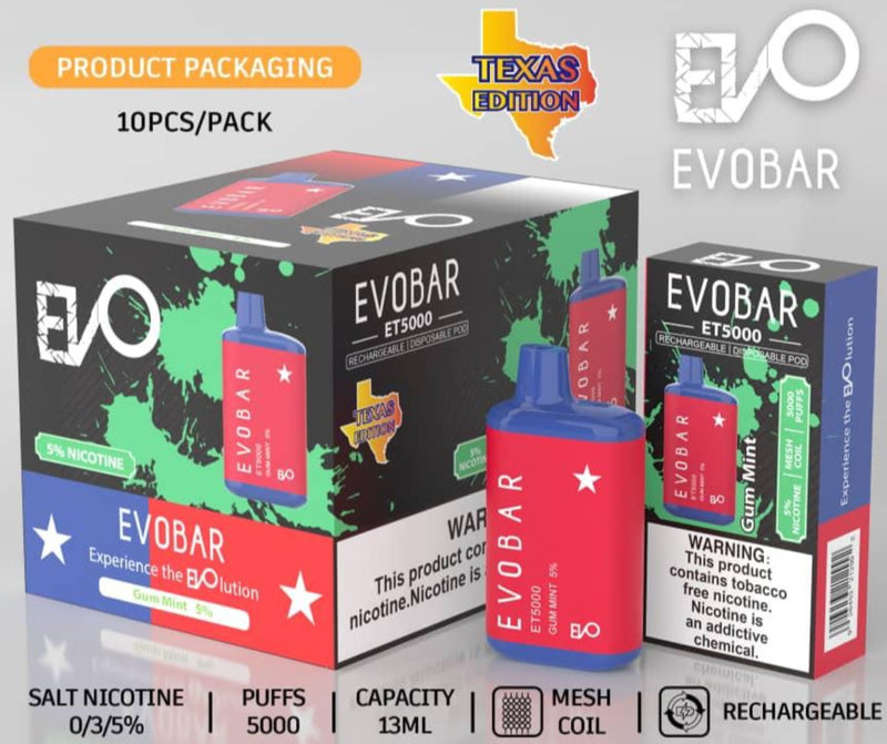 EVO BAR ET5000 TEXAS EDITION RECHARGEABLE DISPOSABLE VAPE 10CT/DISPLAY