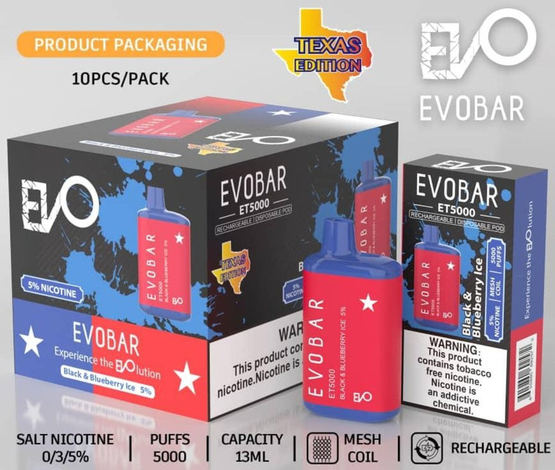 EVO BAR ET5000 TEXAS EDITION RECHARGEABLE DISPOSABLE VAPE 10CT/DISPLAY